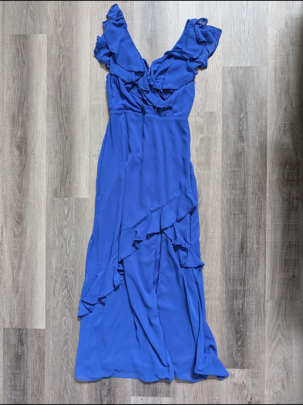 Blue Ruffle V-Neck Maxi Dress